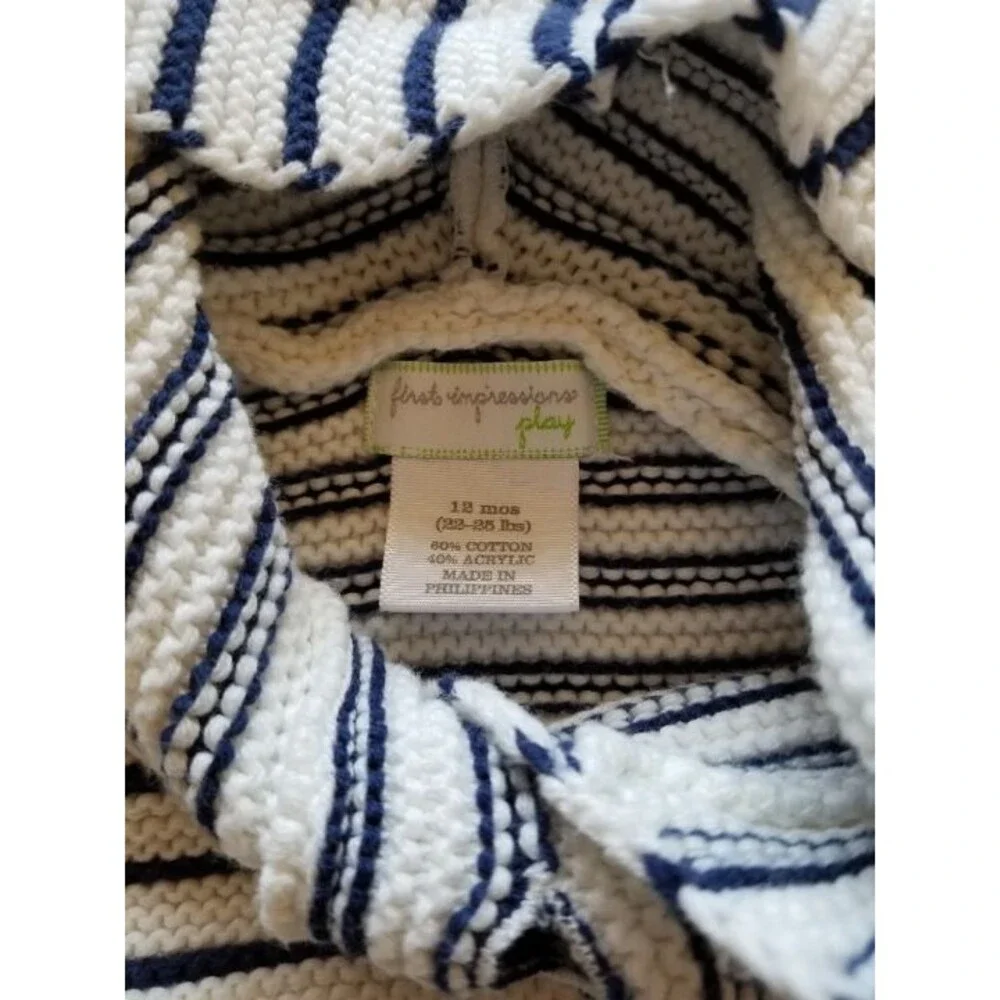 First Impressions 12M Play Striped Hooded Cardigan Navy/White Nautical EUC